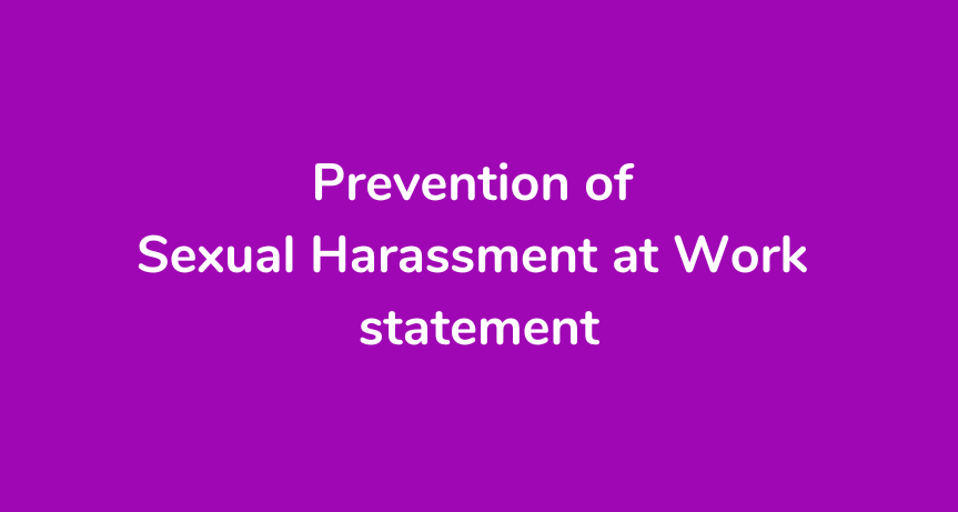Purple pink background overlaid with the words prevention of sexual harassment at work statement in white text.