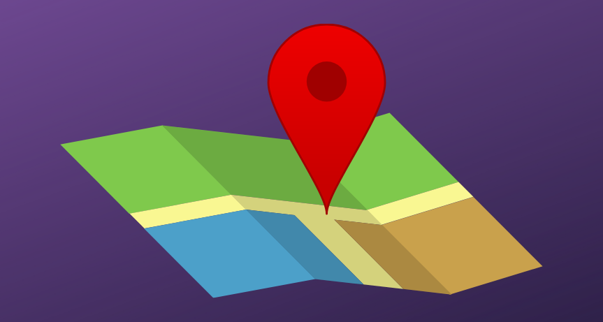 Gradated purple background with a map and map pin graphic.